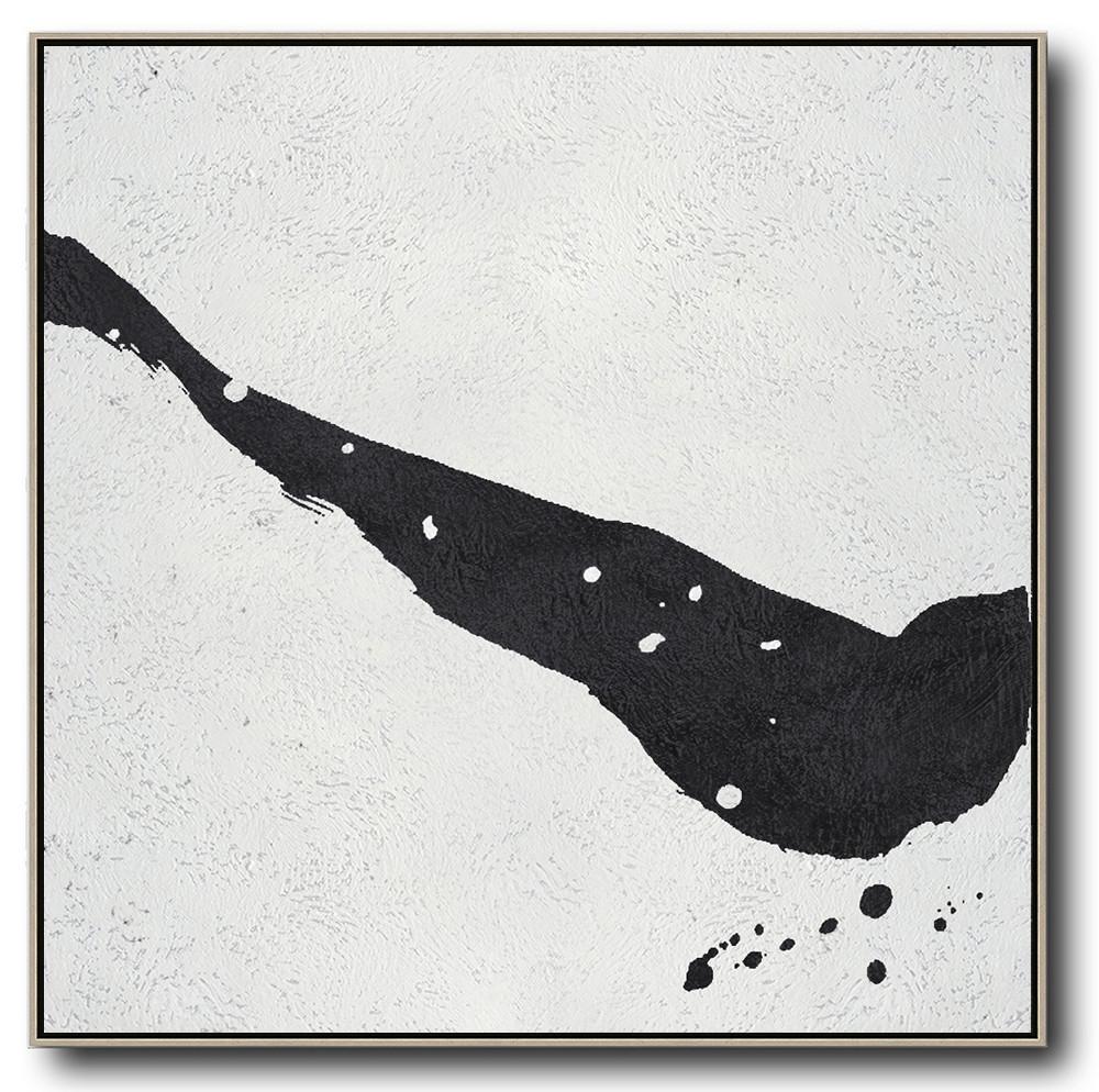 Hand-Painted Oversized Minimal Black And White Painting - Wide Abstract Art Foyer Large